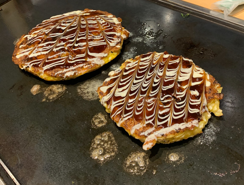 Okonomiyaki on the teppanyaki plate